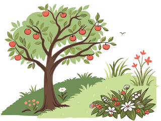 Fototapeta premium Apple tree with red apples and daisies. Vector illustration.