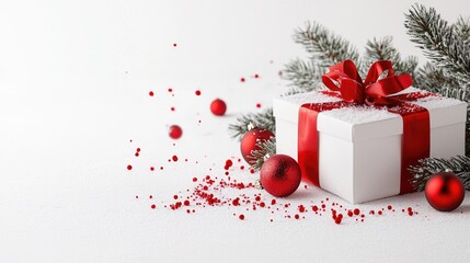 Obraz premium Festive Christmas gift box with red ornaments and snow