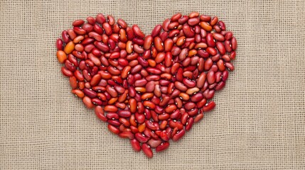 Abstract arrangement of bean seeds in a heart shape on a beige background