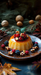 Desserts with honey glaze, topped with nuts and fresh berries.