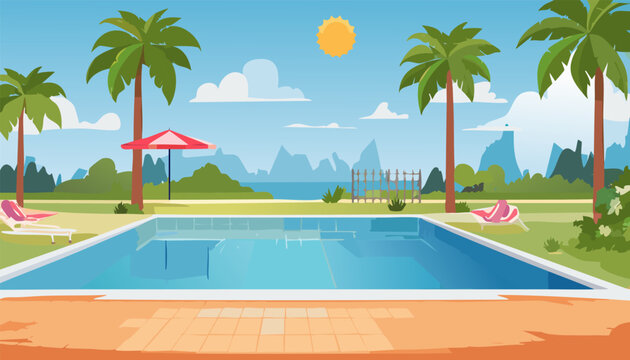 A pixel art image of a swimming pool with palm trees and mountains in the background