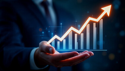 Hand Holding Holographic Growing Graph Representing Success