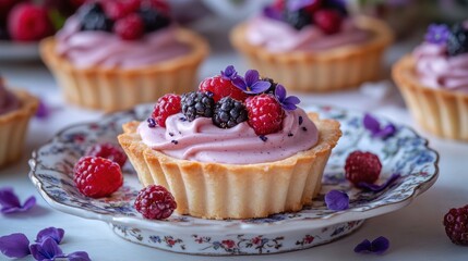 Mini tartlets with violet cream and fresh berries on a delicate plate