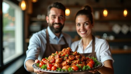 Man and woman are holding plate of food in restaurant