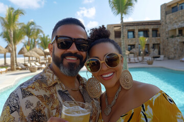 Smiling couple enjoying a sunny poolside vacation with stylish sunglasses and tropical drinks at a luxurious resort.

