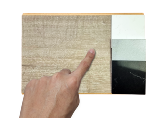 architect chooses interior material samples consists palette of artificial stone in white, grey, black colors tone and light oak engineering floor tile isolated on background with clipping path. 