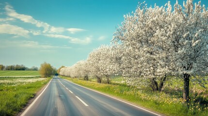 Fototapeta premium A beautiful spring road where flowers bloom on either side, leading the way through a green countryside with clear skies above