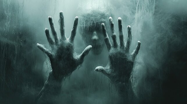 Creepy horror-themed image of ghostly hands behind glass, evoking a chilling atmosphere perfect for Halloween or spooky projects. -