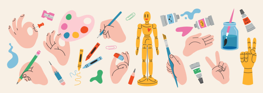 Hands gestures and painting tools set. Human arms holding Art supplies, showing peace and OK sign, drawing with pencil, paintbrush or pen. Trendy modern vector illustration, hand drawn, flat design