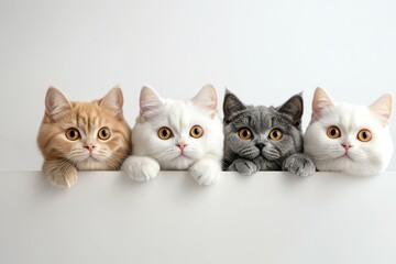 Two British Shorthair cats with silky, plush fur peek inquisitively over a white table. Their round faces and gentle expressions highlight their calm and friendly demeanor.