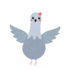 Flat-style illustration of a cheerful pigeon with open wings and a cute flower detail, perfect for nature-themed projects, animal designs, and playful decorative concepts.