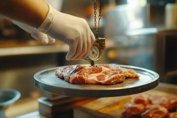 A gloved hand carefully places a fresh, marbled cut of meat on a vintage scale's tray. This scene highlights meticulous food preparation and ensures precision with retro kitchen equipment.