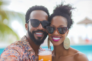 Smiling couple enjoying a sunny poolside vacation with stylish sunglasses and tropical drinks at a luxurious resort.

