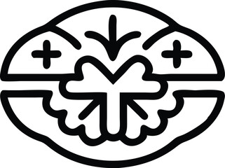 Celtic knot design, four-leaf clover, circular emblem, black and white illustration, symmetrical pattern, geometric shapes, minimalist logo, stylized shamrock, curved lines, cultural symbol, monochrom