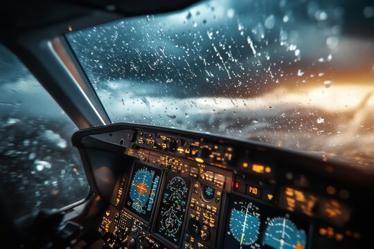 Dynamic view from within a cockpit navigating through a fierce storm. The aircraft's instruments and clouds convey the challenges and skill involved in stormy weather navigation.