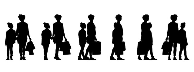 Vector concept conceptual black silhouette of a mother with her daughter shopping from different perspectives isolated. A metaphor for parenting, motherhood, childhood, family, connection and love