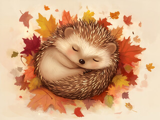 Autumn Slumber: An adorable hedgehog curled up in a nest of autumn leaves, fast asleep amidst a flurry of falling foliage.  The illustration evokes a sense of cozy warmth and peaceful hibernation.