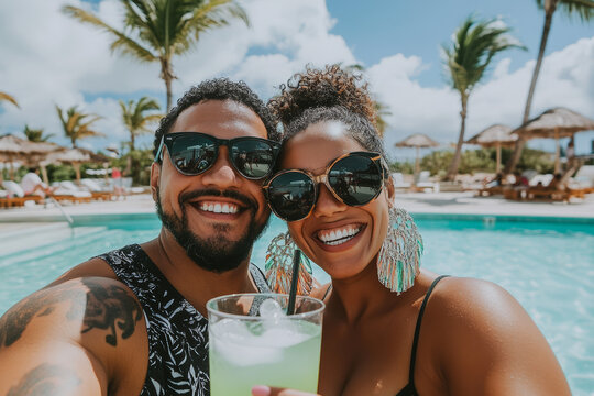 Smiling couple enjoying a sunny poolside vacation with stylish sunglasses and tropical drinks at a luxurious resort.

