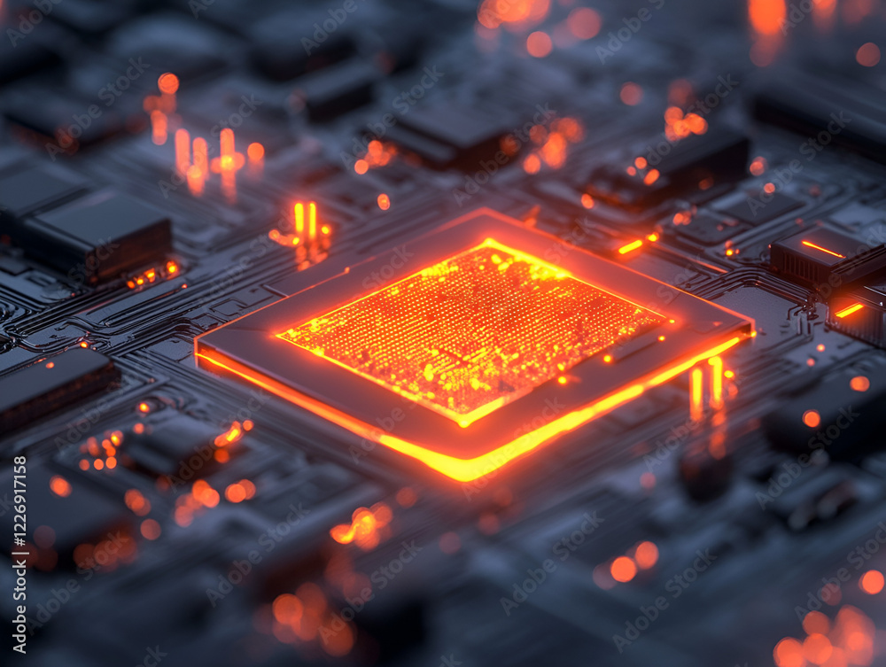 Poster glowing processor core: a close-up, abstract image of a computer processor's core glowing intensely 