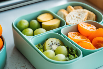 Healthy and delicious lunch packed with fresh fruit, vegetables, and bread.