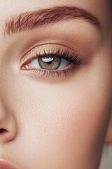 neutral beige lips with soft brown eyeshadow and elegant flick of matte black eyeliner