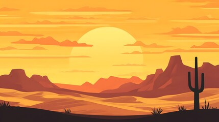 Desert sunset scene, vibrant orange and yellow skies over silhouettes of mountains and cacti, tranquil landscape for relaxation.