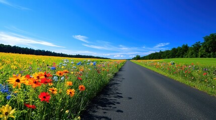 Naklejka premium A serene view of vibrant flowers blooming on both sides of a peaceful country road, with bright colors contrasting against the clear sky