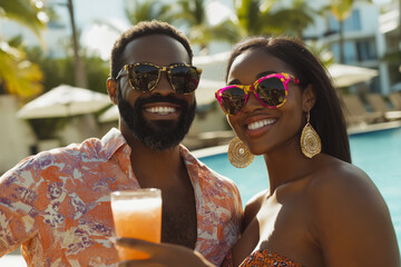 Smiling couple enjoying a sunny poolside vacation with stylish sunglasses and tropical drinks at a luxurious resort.

