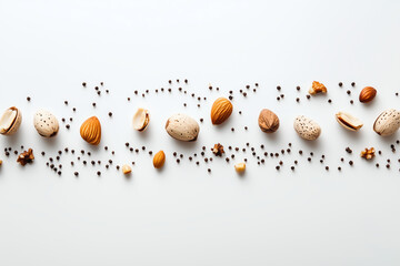 A medley of nuts and peppercorns arranged artistically.