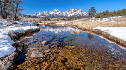 Mountain reflection in clear stream, winter landscape, snow, sunny day, nature photography, travel