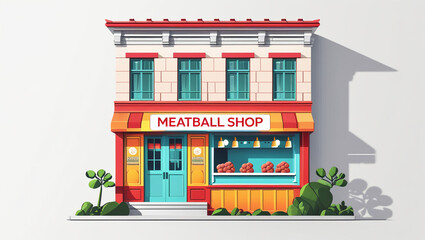 AI generative. Flat design of front view meetball shop in cartoon style with white background. 17