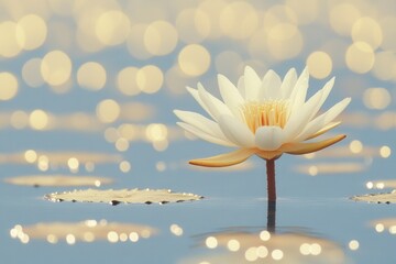 White Water Lily on Calm Blue Water with Golden Bokeh Lights