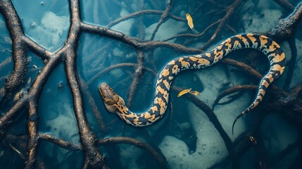 Fototapeta premium A majestic snake glides through the tangled roots of an underwater world. The vibrant colors create a stunning visual experience. Nature is beautifully mysterious. Generative AI