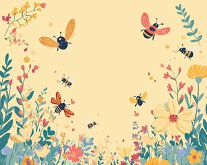 Bees and butterflies in a colorful flower meadow nature scene digital illustration bright environment vibrant viewpoint