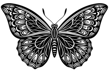 Detailed symmetrical butterfly illustration with geometric shapes and swirling lines.