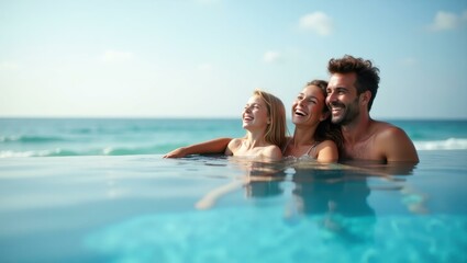Fototapeta premium Man and two women are in pool with man
