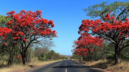 Lush red flowers growing on both sides of a road, with clear skies in the background.
