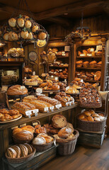 A rustic bakery display filled with an array of freshly baked breads, pastries, and cakes. Cozy Artisan Bakery with Freshly Baked Bread