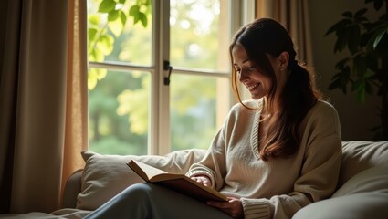 Obraz premium Woman is sitting on couch reading book