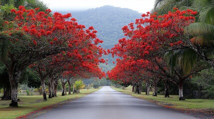 Rows of bright red flowers lining a road, leading into a peaceful, scenic environment.