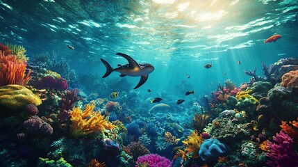 Fototapeta premium Shark swims above vibrant coral reef, sunlit ocean