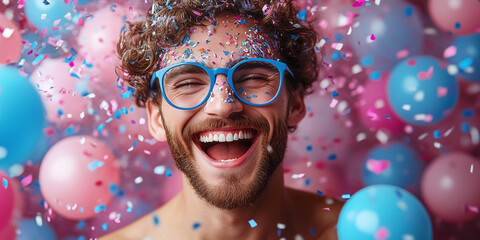 Happy man with confetti and balloons celebrating