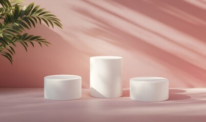 Minimalist 3D White Circle Podium with Leaf Decor, Cylindrical Pedestal Display on Pink Background, Creative Product Showcase, Modern Empty Stand with Shadows, Abstract Geometric Design, 