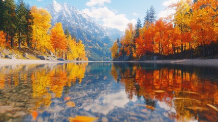 Obraz premium Autumn lake reflection, mountain view, colorful trees. Peaceful nature scene for travel brochures