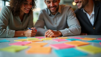 Fototapeta premium People are sitting at table with sticky notes on it