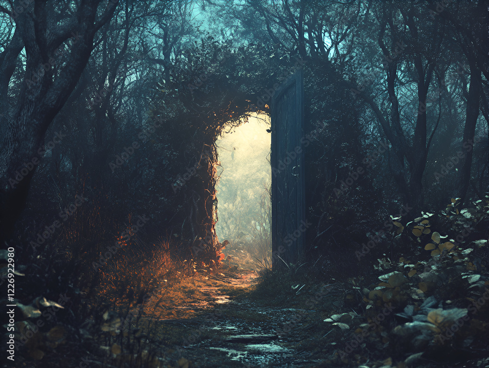 Wall mural Enigmatic Forest Gateway: A mysterious arched gateway, overgrown with vines, beckons into a dark, atmospheric forest.  A soft light emanates from within, hinting at an unknown path.