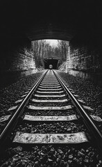 Fototapeta premium Dimly Lit Railway Tunnel with Vanishing Tracks
