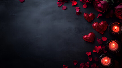 Dark, moody background with red roses, hearts, and candles. Card for Valentine's Day designs.