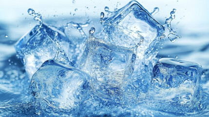 Ice cubes in blue water wave splash. Transparent water and frozen ice crystal cubes. Cooled liquid splatters, 3d realistic vector background with pouring clear aqua drops, alcohol drink spill splash
