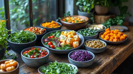 Colorful vegan dish, bowl of chickpea curry, kidney beans, sliced vegetables, fresh herbs on a rustic wooden table